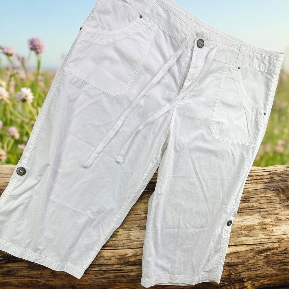 Fresh Produce Capri Pants Women L‎ White Cotton Crop Button Roll Up Cuff Beach